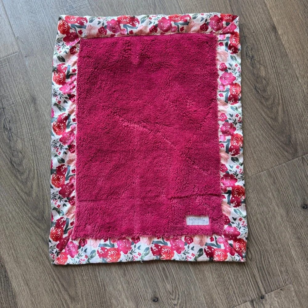 Saranoni Mini Blanket Pink Faux Fur Satin Border Floral Rose Security Lovey